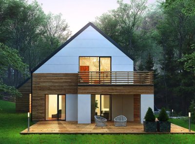 Proiect 45 — randare a casei: casă modernă cu etaj, 3 dormitoare, balcon și garaj