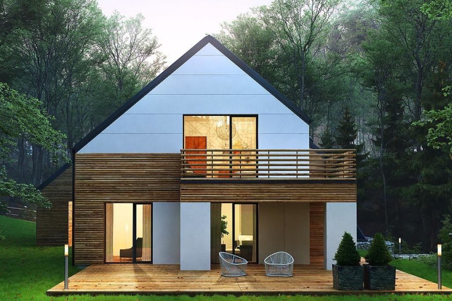 Proiect 45 — randare a casei: casă modernă cu etaj, 3 dormitoare, balcon și garaj