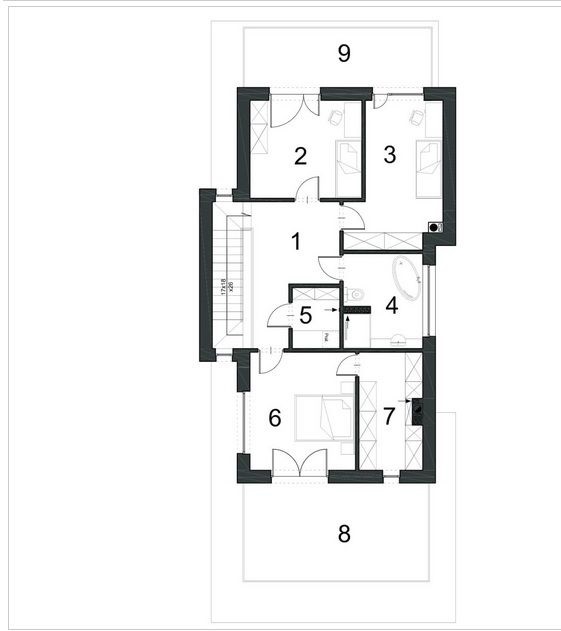 Proiect 46 — plan etaj: casă modernă cu etaj, 3 dormitoare, balcon și garaj dublu