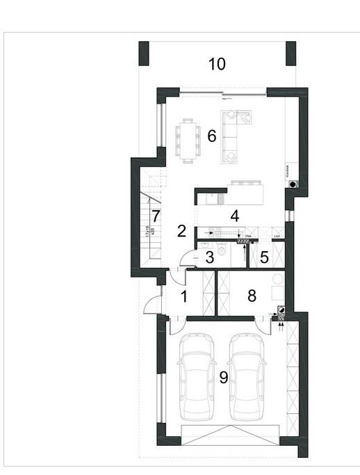 Proiect 46 — plan parter: casă modernă cu etaj, 3 dormitoare, balcon și garaj dublu