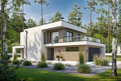 Proiect 46 — randare a casei: casă modernă cu etaj, 3 dormitoare, balcon și garaj dublu