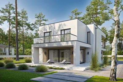 Proiect 46 — randare a casei: casă modernă cu etaj, 3 dormitoare, balcon și garaj dublu