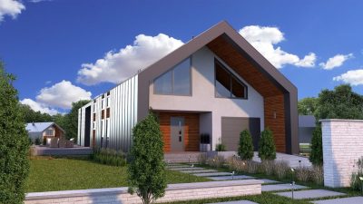 Proiect 47 — randare a casei: casă modernă cu etaj, 3 dormitoare, living open-space și terasă