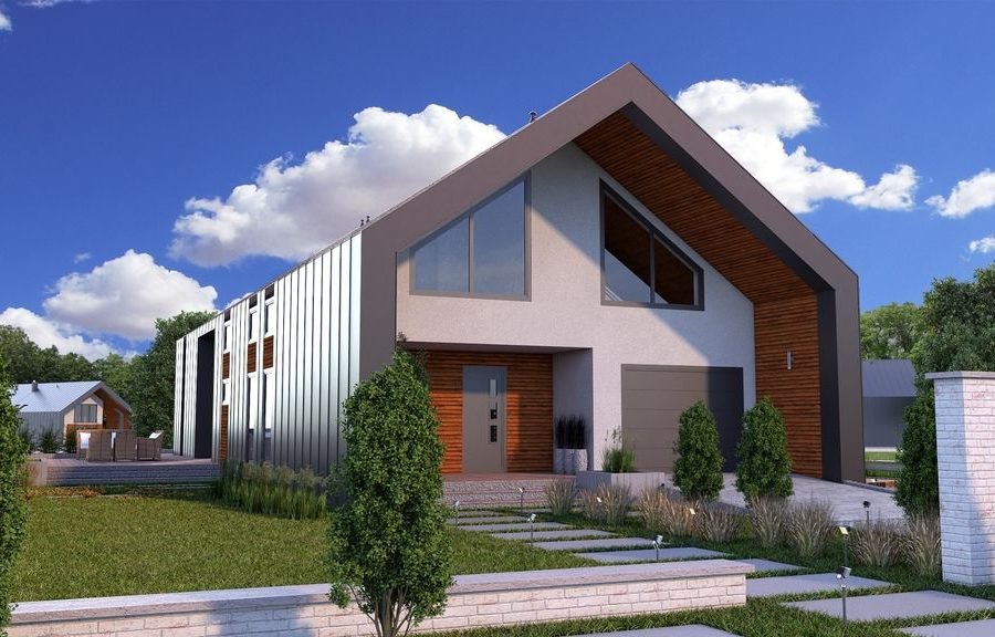 Proiect 47 — randare a casei: casă modernă cu etaj, 3 dormitoare, living open-space și terasă