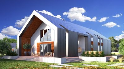 Proiect 47 — randare a casei: casă modernă cu etaj, 3 dormitoare, living open-space și terasă