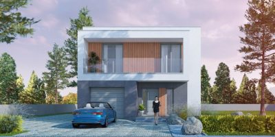 Proiect 48 — randare a casei: casă modernă cu etaj, 3 dormitoare, terasă și garaj