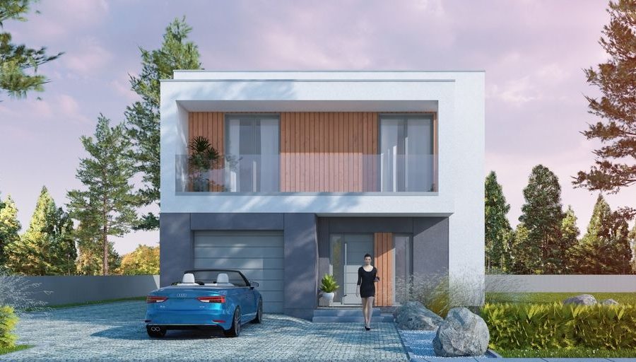 Proiect 48 — randare a casei: casă modernă cu etaj, 3 dormitoare, terasă și garaj