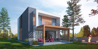 Proiect 48 — randare a casei: casă modernă cu etaj, 3 dormitoare, terasă și garaj