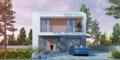 Proiect 48 — randare a casei: casă modernă cu etaj, 3 dormitoare, terasă și garaj