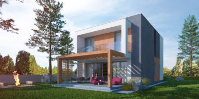 Proiect 48 — randare a casei: casă modernă cu etaj, 3 dormitoare, terasă și garaj