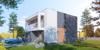 Proiect 48 — randare a casei: casă modernă cu etaj, 3 dormitoare, terasă și garaj