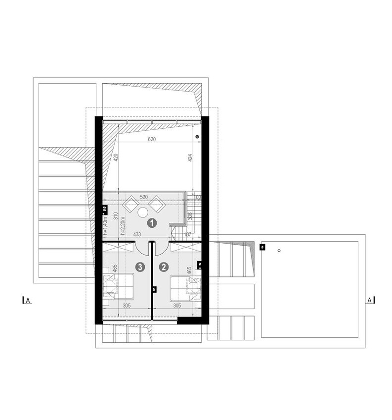 Proiect 49 — plan etaj: casă modernă cu etaj, 3 dormitoare, terasă și garaj dublu
