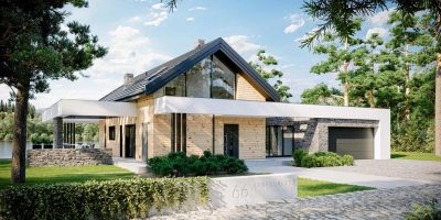 Proiect 49 — randare a casei: casă modernă cu etaj, 3 dormitoare, terasă și garaj dublu