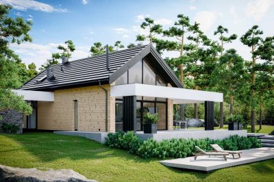 Proiect 49 — randare a casei: casă modernă cu etaj, 3 dormitoare, terasă și garaj dublu