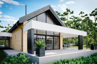 Proiect 49 — randare a casei: casă modernă cu etaj, 3 dormitoare, terasă și garaj dublu