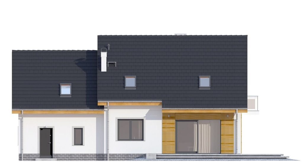 Proiect 50 — fațade: casă modernă cu etaj, 4 dormitoare, balcon și garaj
