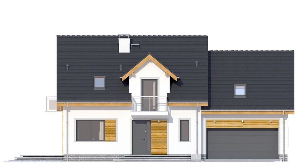 Proiect 50 — fațade: casă modernă cu etaj, 4 dormitoare, balcon și garaj