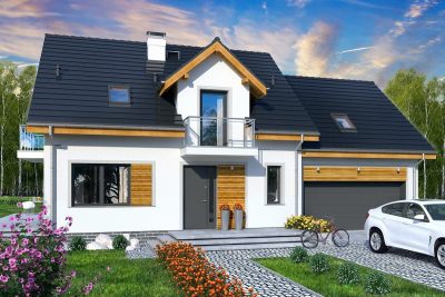 Proiect 50 — randare a casei: casă modernă cu etaj, 4 dormitoare, balcon și garaj