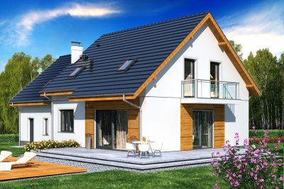 Proiect 50 — randare a casei: casă modernă cu etaj, 4 dormitoare, balcon și garaj