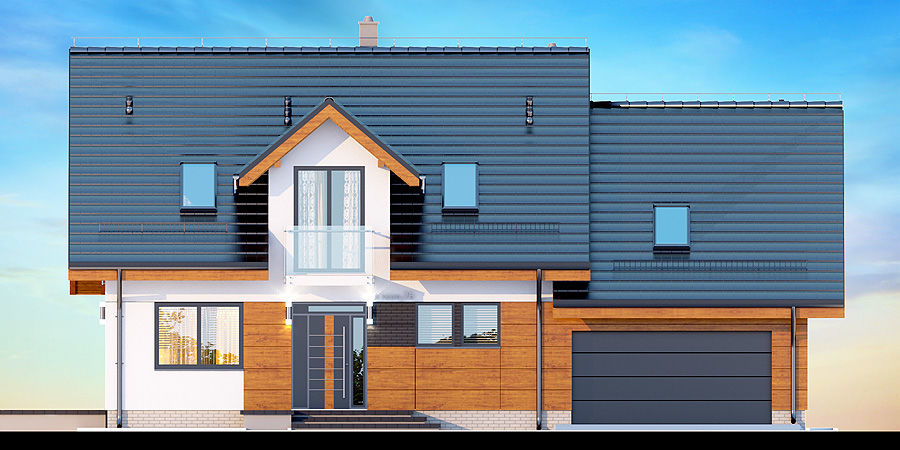 Proiect 51 — fațade: casă modernă cu etaj, 4 dormitoare, balcon și garaj dublu
