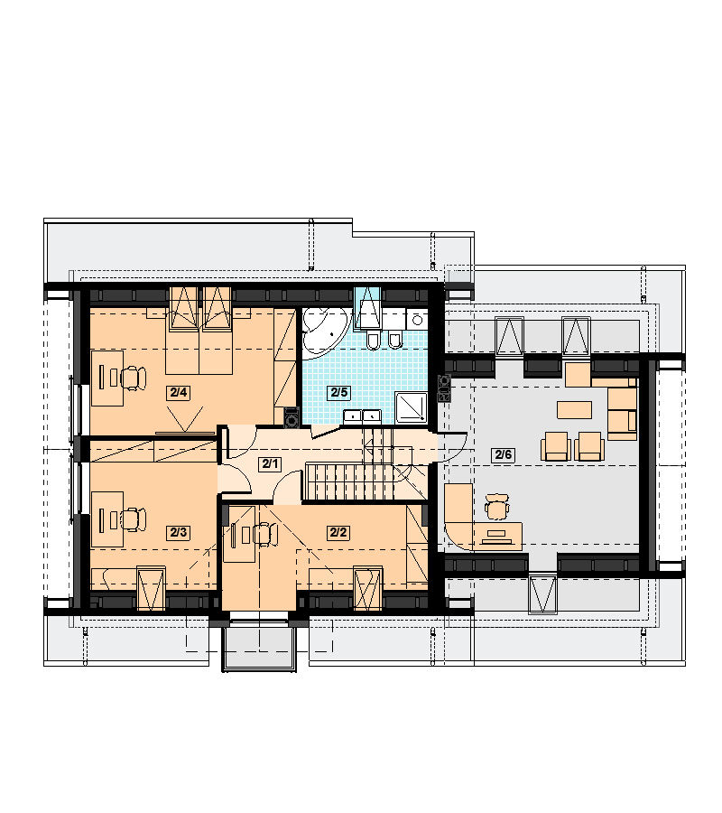 Proiect 51 — plan etaj: casă modernă cu etaj, 4 dormitoare, balcon și garaj dublu