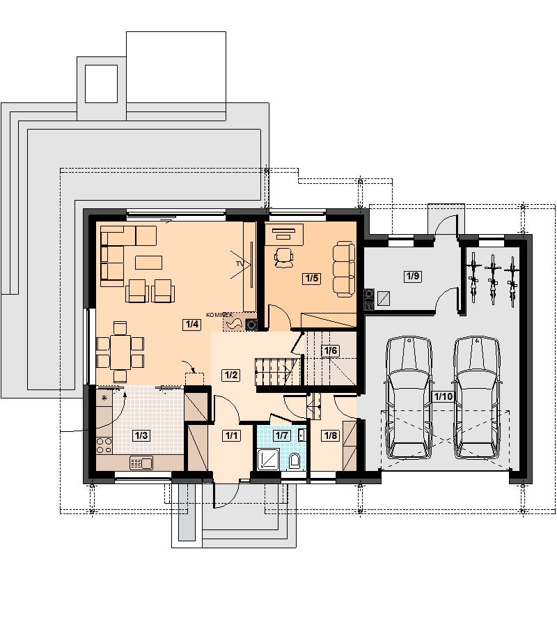Proiect 51 — plan parter: casă modernă cu etaj, 4 dormitoare, balcon și garaj dublu