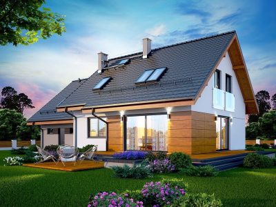 Proiect 51 — randare a casei: casă modernă cu etaj, 4 dormitoare, balcon și garaj dublu