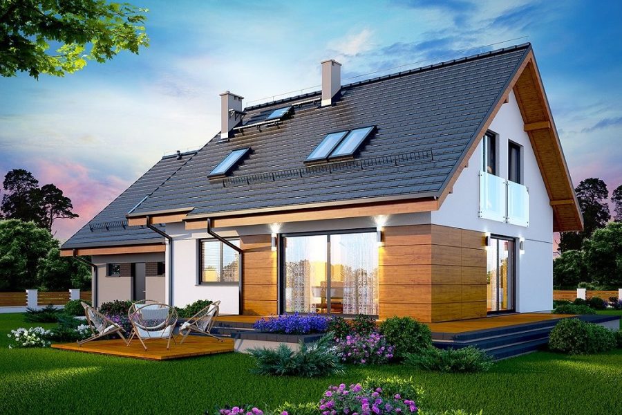 Proiect 51 — randare a casei: casă modernă cu etaj, 4 dormitoare, balcon și garaj dublu
