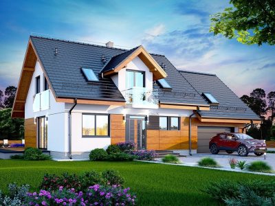 Proiect 51 — randare a casei: casă modernă cu etaj, 4 dormitoare, balcon și garaj dublu