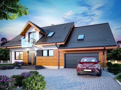 Proiect 51 — randare a casei: casă modernă cu etaj, 4 dormitoare, balcon și garaj dublu
