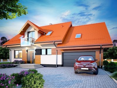 Proiect 51 — randare a casei: casă modernă cu etaj, 4 dormitoare, balcon și garaj dublu