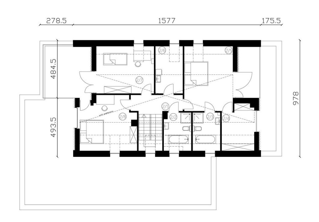 Proiect 52 — plan etaj: casă modernă cu etaj, 4 dormitoare, terasă și garaj dublu