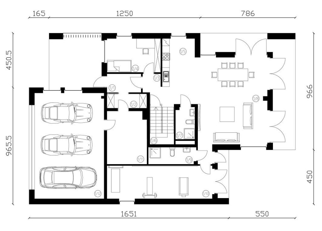 Proiect 52 — plan parter: casă modernă cu etaj, 4 dormitoare, terasă și garaj dublu