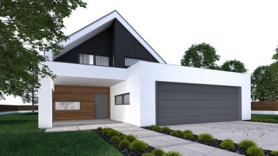 Proiect 52 — randare a casei: casă modernă cu etaj, 4 dormitoare, terasă și garaj dublu