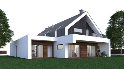 Proiect 52 — randare a casei: casă modernă cu etaj, 4 dormitoare, terasă și garaj dublu