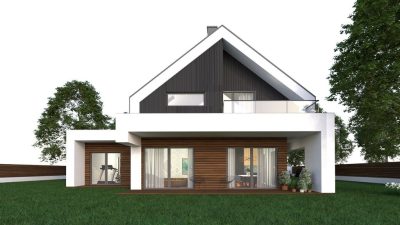 Proiect 52 — randare a casei: casă modernă cu etaj, 4 dormitoare, terasă și garaj dublu
