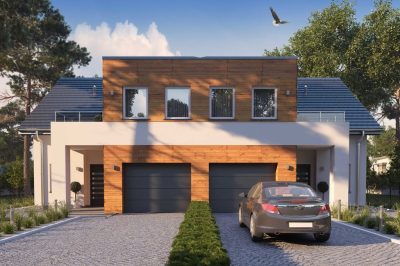 Proiect 53 — randare a casei: casă modernă cuplată cu etaj, 3 dormitoare și garaj