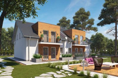 Proiect 53 — randare a casei: casă modernă cuplată cu etaj, 3 dormitoare și garaj