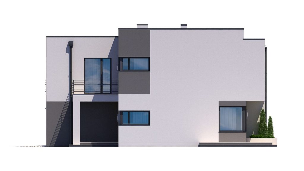 Proiect 54 — fațade: casă modernă gemene cu etaj, balcon și garaj