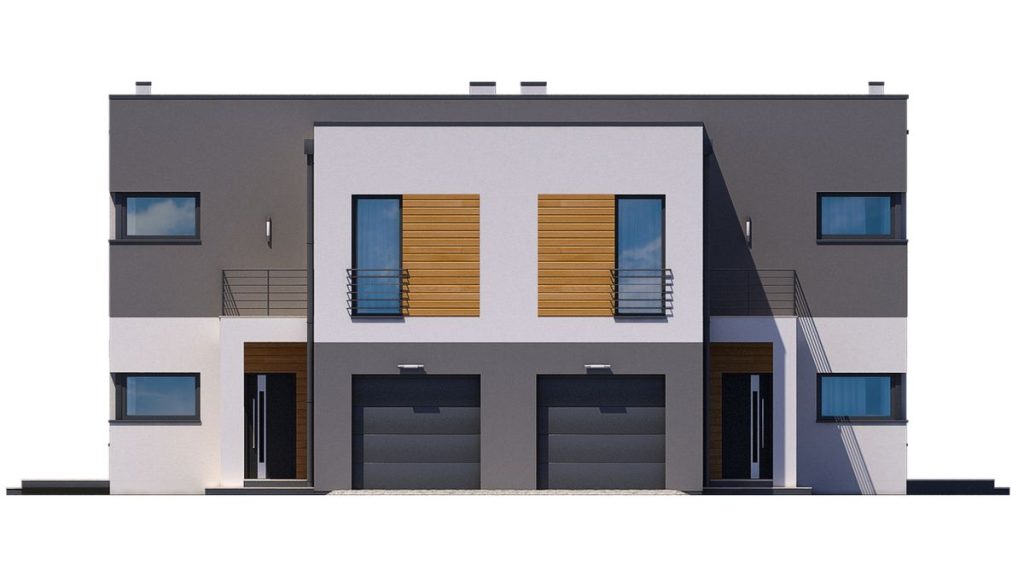 Proiect 54 — fațade: casă modernă gemene cu etaj, balcon și garaj