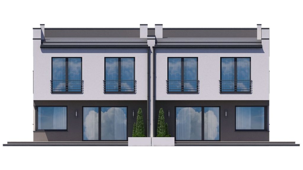 Proiect 54 — fațade: casă modernă gemene cu etaj, balcon și garaj