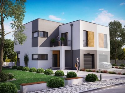 Proiect 54 — randare a casei: casă modernă gemene cu etaj, balcon și garaj