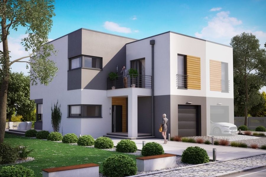 Proiect 54 — randare a casei: casă modernă gemene cu etaj, balcon și garaj
