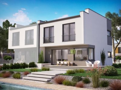 Proiect 54 — randare a casei: casă modernă gemene cu etaj, balcon și garaj