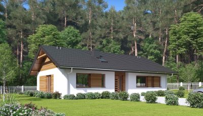 Proiect 55 — randare a casei: casă modernă parter cu 3 dormitoare și terasă
