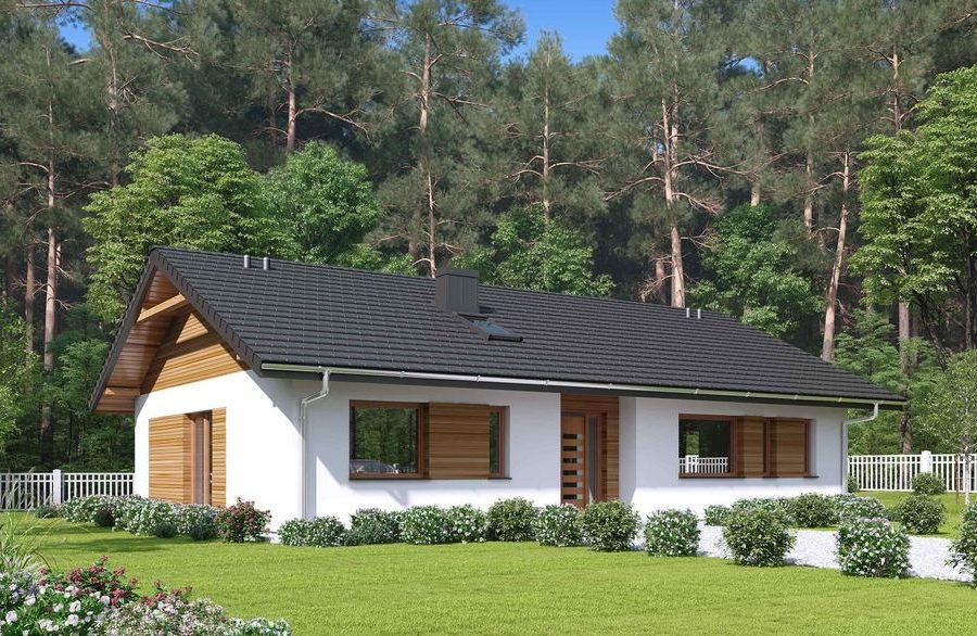 Proiect 55 — randare a casei: casă modernă parter cu 3 dormitoare și terasă