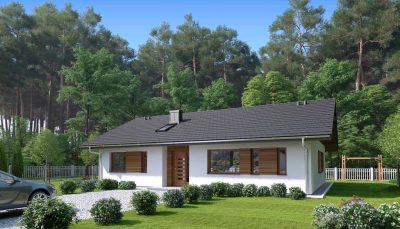 Proiect 55 — randare a casei: casă modernă parter cu 3 dormitoare și terasă