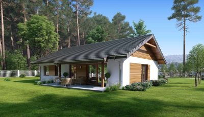 Proiect 55 — randare a casei: casă modernă parter cu 3 dormitoare și terasă
