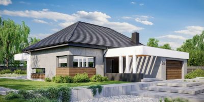 Proiect 56 — randare a casei: casă modernă parter, 3 dormitoare, garaj dublu și terasă