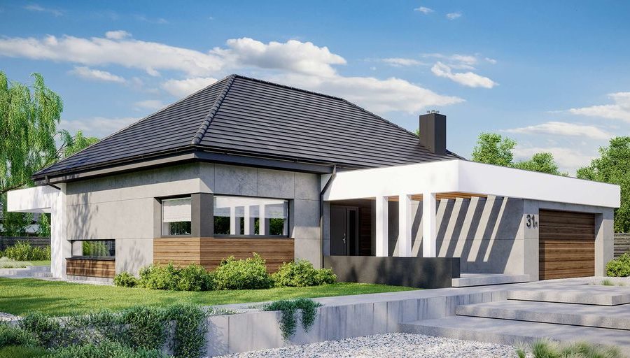 Proiect 56 — randare a casei: casă modernă parter, 3 dormitoare, garaj dublu și terasă